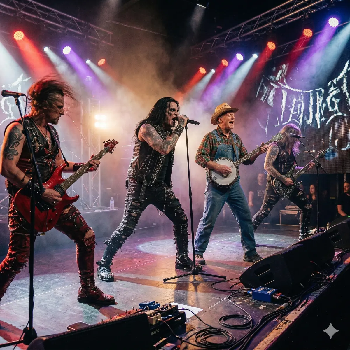 Banjo player in overalls and straw hat on stage with a heavy metal band