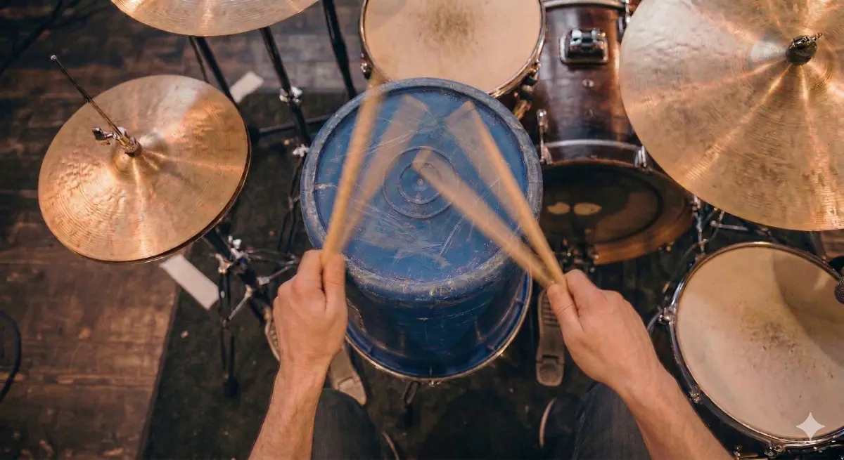 Drum kit with a plastic bucket replacing the snare drum