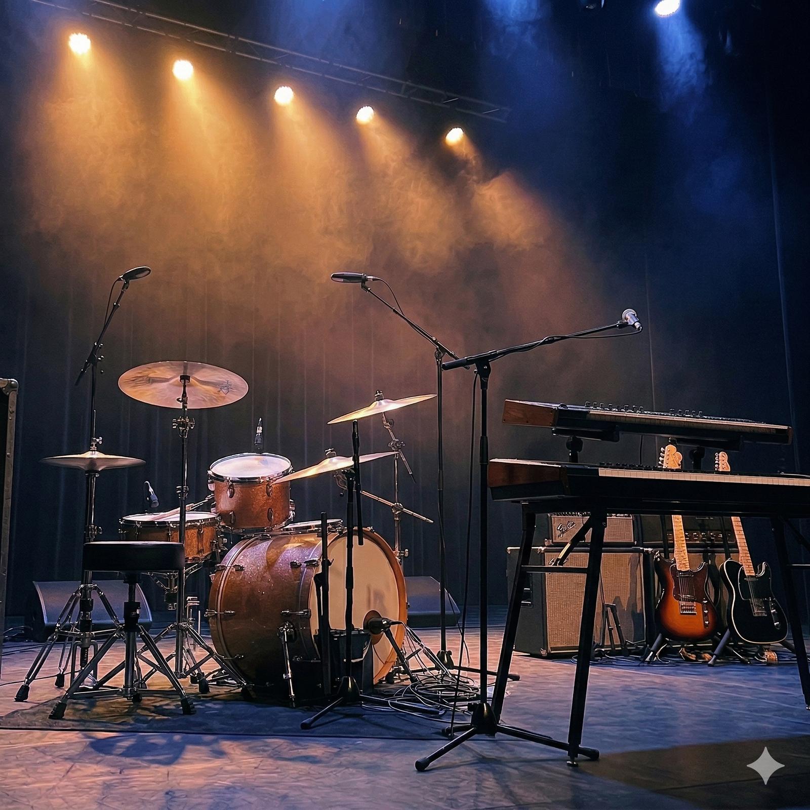 Empty stage with drum kit, keyboards, guitars and microphones under warm stage lights