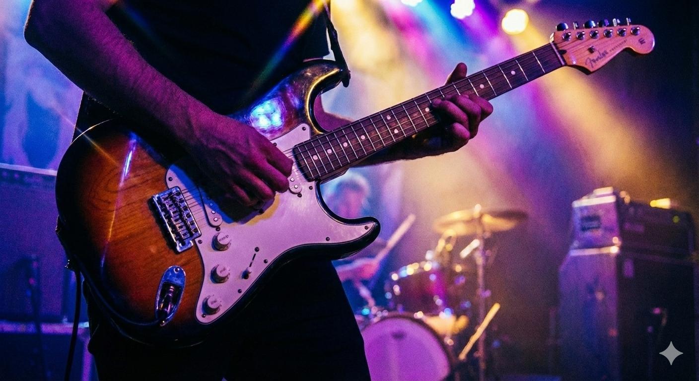 Guitarist performing live on stage with colorful stage lights